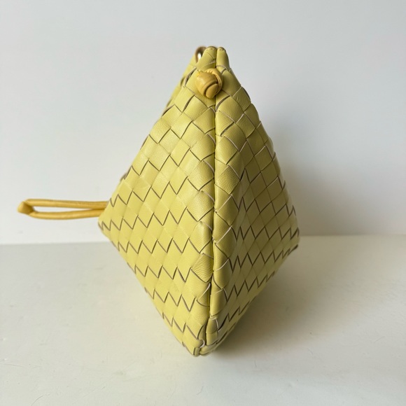 Yellow Intrecciato Woven Half Moon Leather Clutch Wristlet Top Handle Bag - Picture 5 of 16
